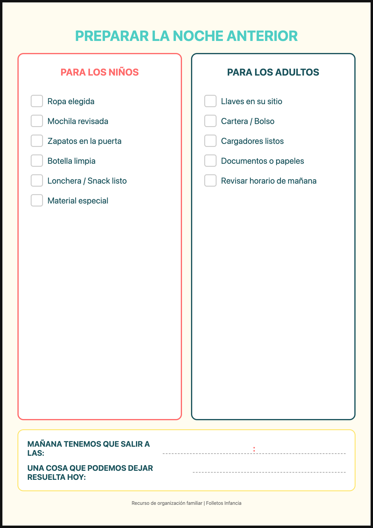 Checklist: Preparación la noche anterior